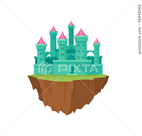 Cartoon green island castle on white background. 48948968