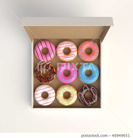Donut box isolated on white background 3d-illustration top view Donut box isolated on white background 3d-illustration top view 48949651