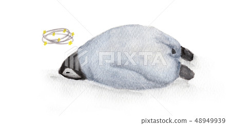 Watercolor dizzy penguin seeing stars. Watercolor dizzy penguin seeing stars. 48949939