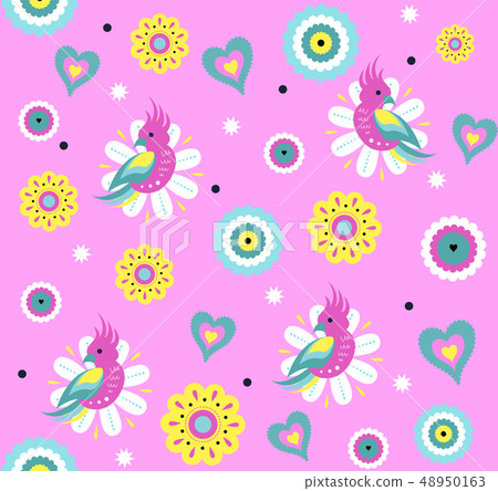 Bright Vector seamless pattern with cute parrot and exotic tropical flowers 48950163