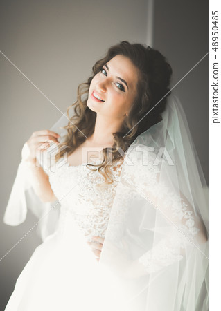 Luxury bride in white dress posing while preparing for the wedding ceremony 48950485