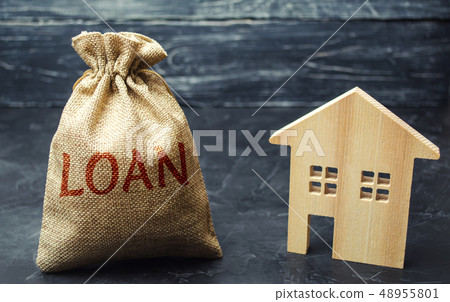 Wooden house and a bag with the word Loan.  48955801