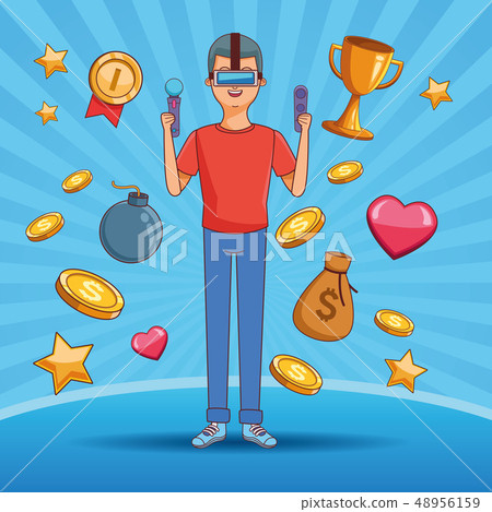 Teenager with videogame cartoon Teenager with videogame cartoon 48956159