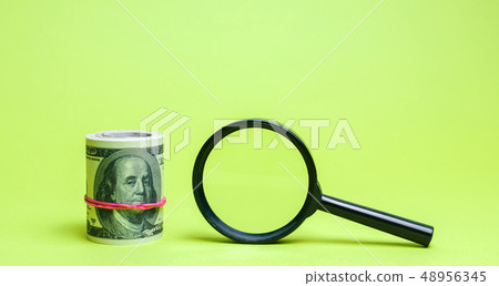 Dollars and magnifying glass. Dollars and magnifying glass. 48956345