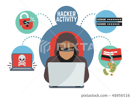 Online security and protection, criminal hacker spies in internet. Online money thief vector concept Online security and protection, criminal hacker spies in internet. Online money thief vector concept 48956516