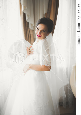 Portrait of beautiful bride with fashion veil at wedding morning Portrait of beautiful bride with fashion veil at wedding morning 48956936