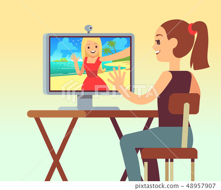 Video chat between friends in headset on computer with camera. Online chatting and comunication 48957907