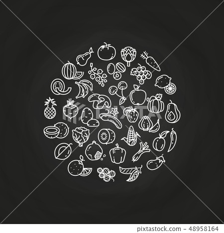 Line fruits and vegetables logo on chalkboard Line fruits and vegetables logo on chalkboard 48958164