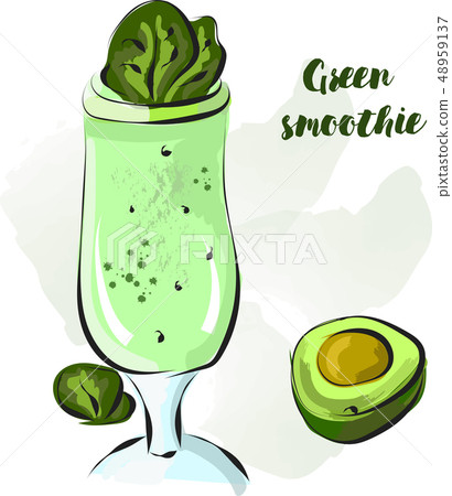 Hand drawn smoothie to go cup with avocado and mint illustration and lettering 48959137