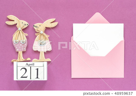 Calendar April 21 easter bunnies, pink envelope 48959637