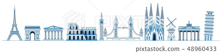 Line art set of European monuments and landmarks, Eiffel tower, Triumphal Arch, Parthenon, Leaning 48960433