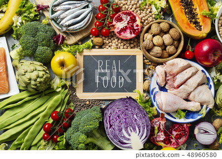 fruits, vegetables, fish, meat and text real food fruits, vegetables, fish, meat and text real food 48960580