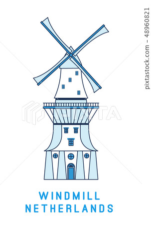 Line art windmill isolated on white background, Netherlands symbol, vector illustration in flat 48960821