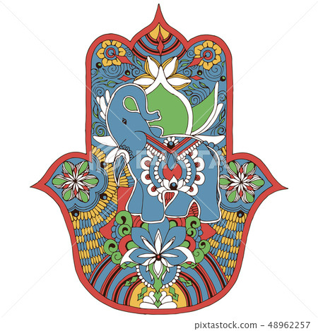 Hamsa palm with an elephant in the style of mehend 48962257