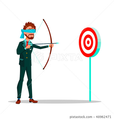Blindfolded Businessman Aiming At Target From A Bow Vector Flat Cartoon Illustration 48962471