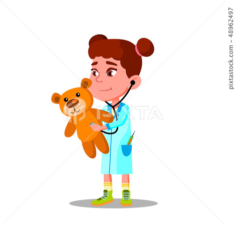 Little Girl In White Coat And Stethoscope Plays Doctor And Treats Her Toy Vector Flat Cartoon Little Girl In White Coat And Stethoscope Plays Doctor And Treats Her Toy Vector Flat Cartoon 48962497