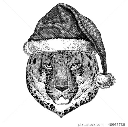 Panther, jaguar, leopard wearing christmas Santa Claus hat. Hand drawn image for tattoo, emblem Panther, jaguar, leopard wearing christmas Santa Claus hat. Hand drawn image for tattoo, emblem 48962786
