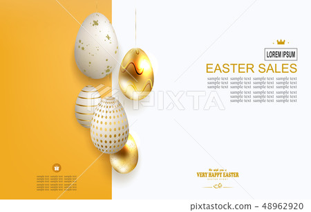 Easter yellow composition with a set of eggs on pendants, a brochure, 48962920