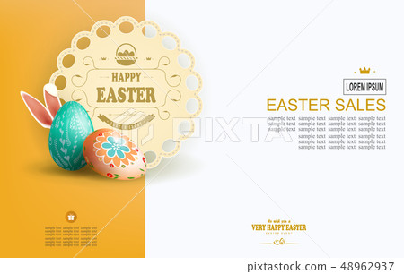 Easter yellow composition with eggs, bunny ears and a round frame with text, brochure, Easter yellow composition with eggs, bunny ears and a round frame with text, brochure, 48962937