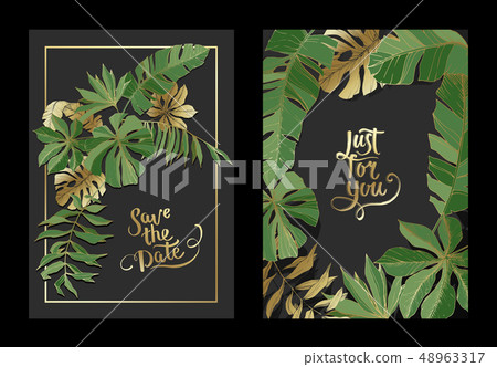 Vector Tropical leaves. Gold and green engraved ink art. Wedding background card floral decorative Vector Tropical leaves. Gold and green engraved ink art. Wedding background card floral decorative 48963317