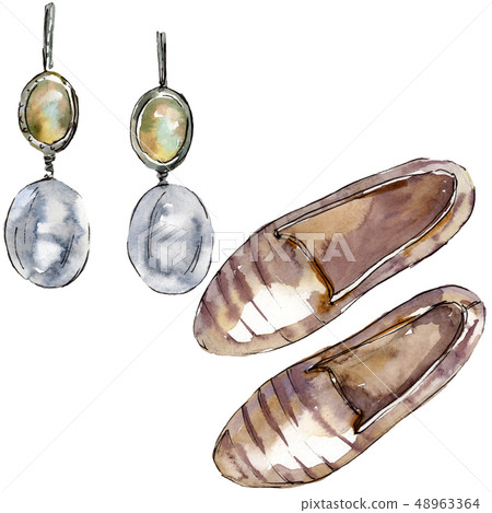 Loafers and earrings sketch glamour illustration in a watercolor style isolated element. Watercolour 48963364