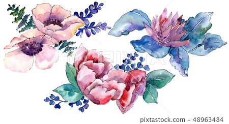 Purple bouquet foral botanical flowers. Watercolor background set. Isolated bouquet illustration Purple bouquet foral botanical flowers. Watercolor background set. Isolated bouquet illustration 48963484