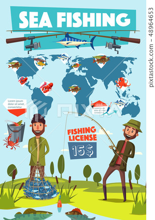 Fishing sport, fisherman and fish in net 48964653