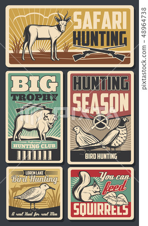 Hunting sport. Birds, deers and bulls, squirrel Hunting sport. Birds, deers and bulls, squirrel 48964738