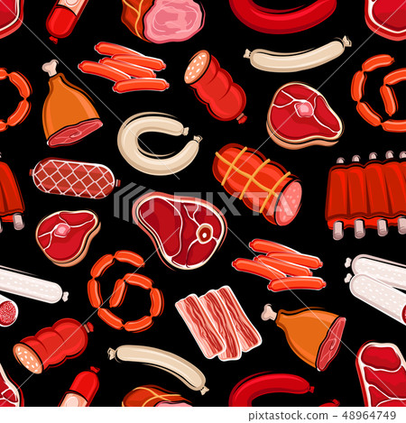 Butchery food seamless pattern, meat and sausages Butchery food seamless pattern, meat and sausages 48964749