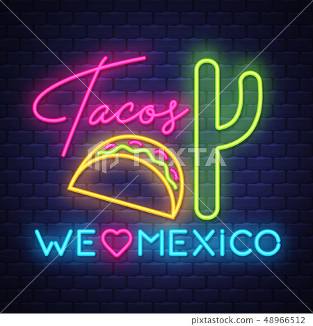 Tacos- Neon Sign Vector on brick wall background 48966512