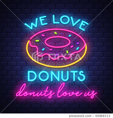 Donuts- Neon Sign Vector on brick wall background 48966513