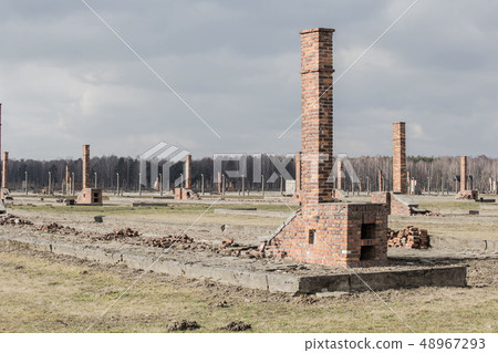 Auschwitz II Birkenau, ruins of barracks at Birkenau. Stoves and chimneys are all that remains of 48967293