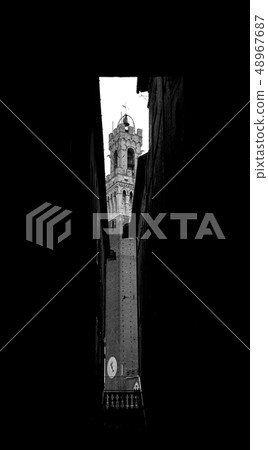 View from the courtyard of Siena town hall Palazzo Pubblico to Mangia Tower Torre del Mangia and View from the courtyard of Siena town hall Palazzo Pubblico to Mangia Tower Torre del Mangia and 48967687