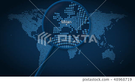Magnifying glass searches and finds the city of Milan on dotted world map. 3D rendering Magnifying glass searches and finds the city of Milan on dotted world map. 3D rendering 48968719