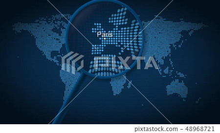 Magnifying glass searches and finds the city of Paris on dotted world map. 3D rendering Magnifying glass searches and finds the city of Paris on dotted world map. 3D rendering 48968721