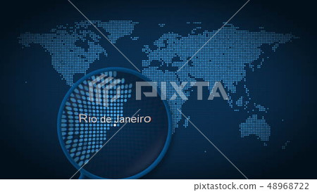 Magnifying glass searches and finds the city of Rio de Janeiro on dotted world map. 3D rendering 48968722