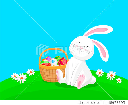 White rabbit sitting with egg basket. 48972295
