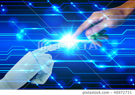 Robot and human hands touching on technology Robot and human hands touching on technology 48972731