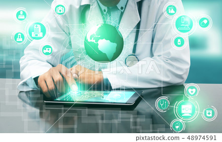 Doctor with Medical Healthcare Graphic in Hospital Doctor with Medical Healthcare Graphic in Hospital 48974591