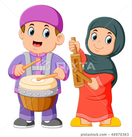 Happy muslim kid cartoon playing  musical 48978363