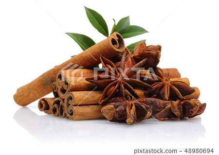 Cinnamon sticks with star anise and green leaves Cinnamon sticks with star anise and green leaves 48980694