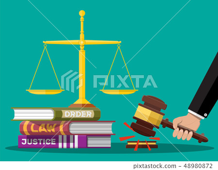 Law code books, justice scales and judge gavel. Law code books, justice scales and judge gavel. 48980872