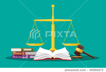 Law code books, justice scales and judge gavel. Law code books, justice scales and judge gavel. 48980873