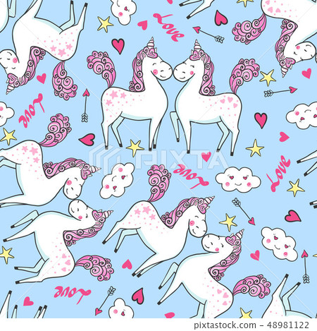 Hand drawn seamless pattern with cute Unicorns. - Stock Illustration ...