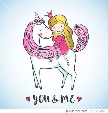 Little girl on a cute unicorn. Little girl on a cute unicorn. 48981283