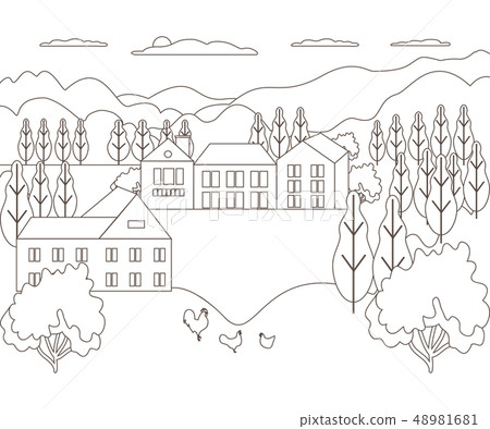 Thin line outline landscape rural farm. Panorama - Stock Illustration ...