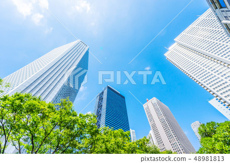looking up view of city skyline in tokyo, japan looking up view of city skyline in tokyo, japan 48981813