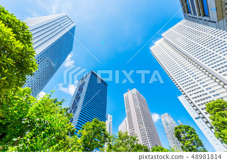 looking up view of city skyline in tokyo, japan looking up view of city skyline in tokyo, japan 48981814