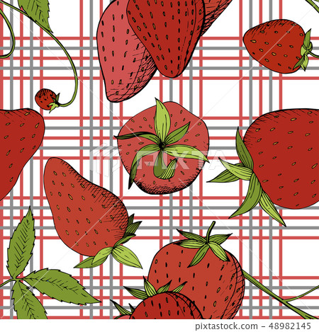 Vector Strawberry fresh fruit healthy food. Red and green engraved ink art. Seamless background Vector Strawberry fresh fruit healthy food. Red and green engraved ink art. Seamless background 48982145