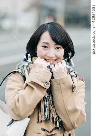 Young Japanese Woman Wearing Duffel Scarf Winter 48984583